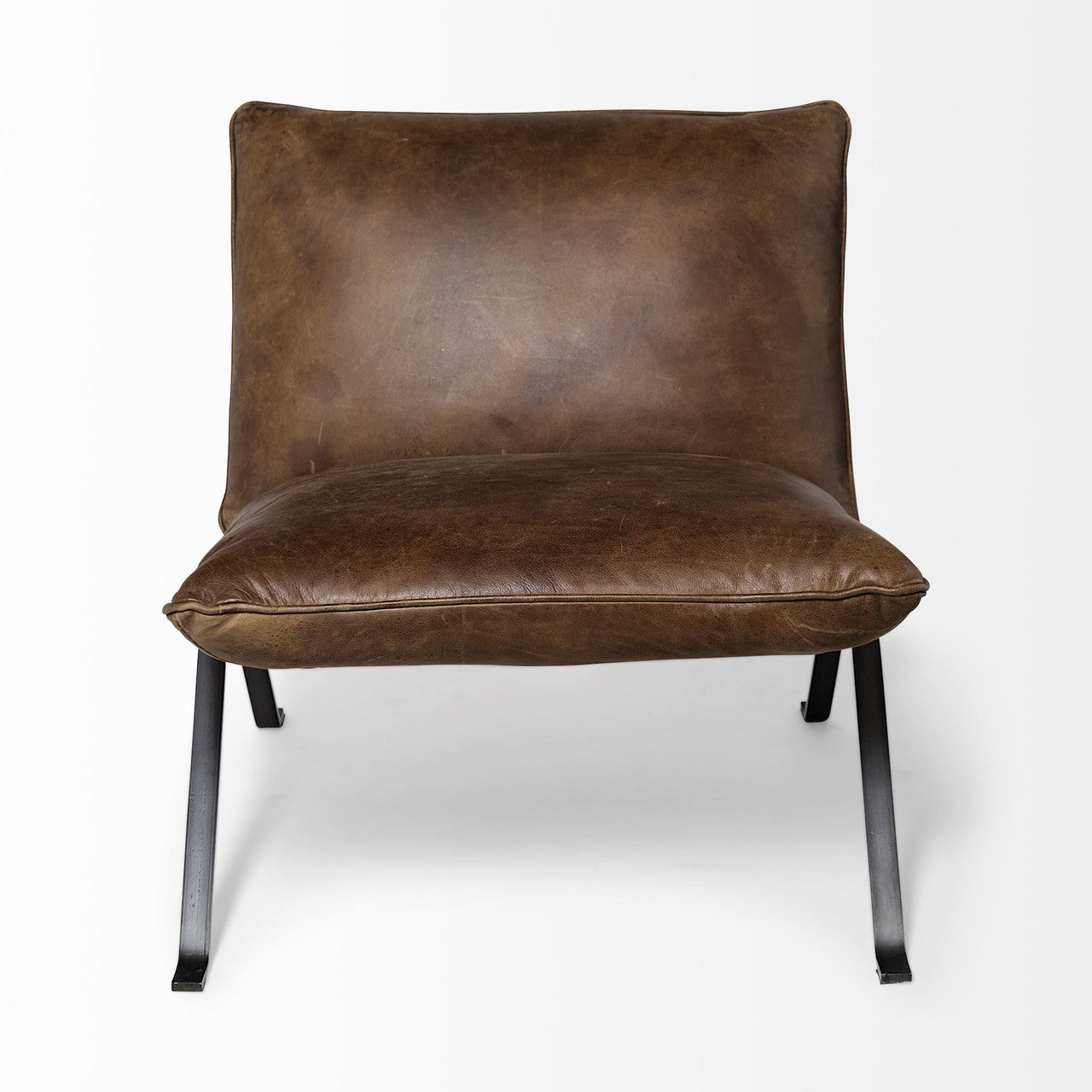 Flavelle I Brown Leather Cushion Seat and Solid Iron Base Accent Chair
