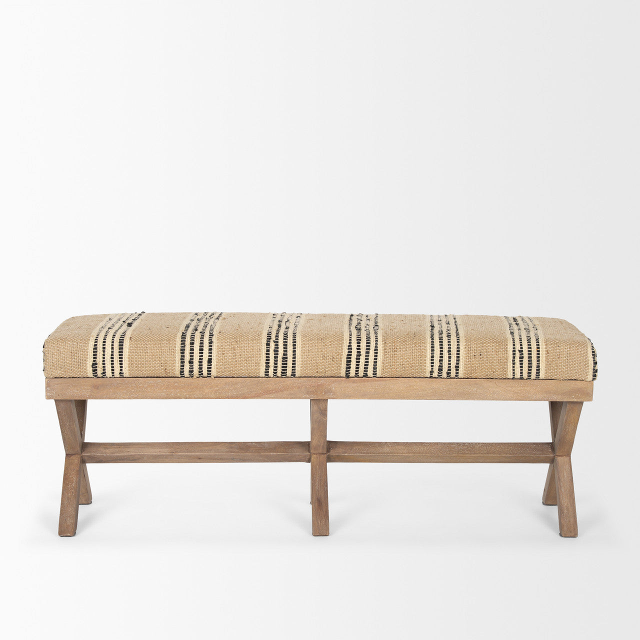 Solis 50L x 16W Brown Base Upholstered Beige/Black Stripe Seat Accent Bench