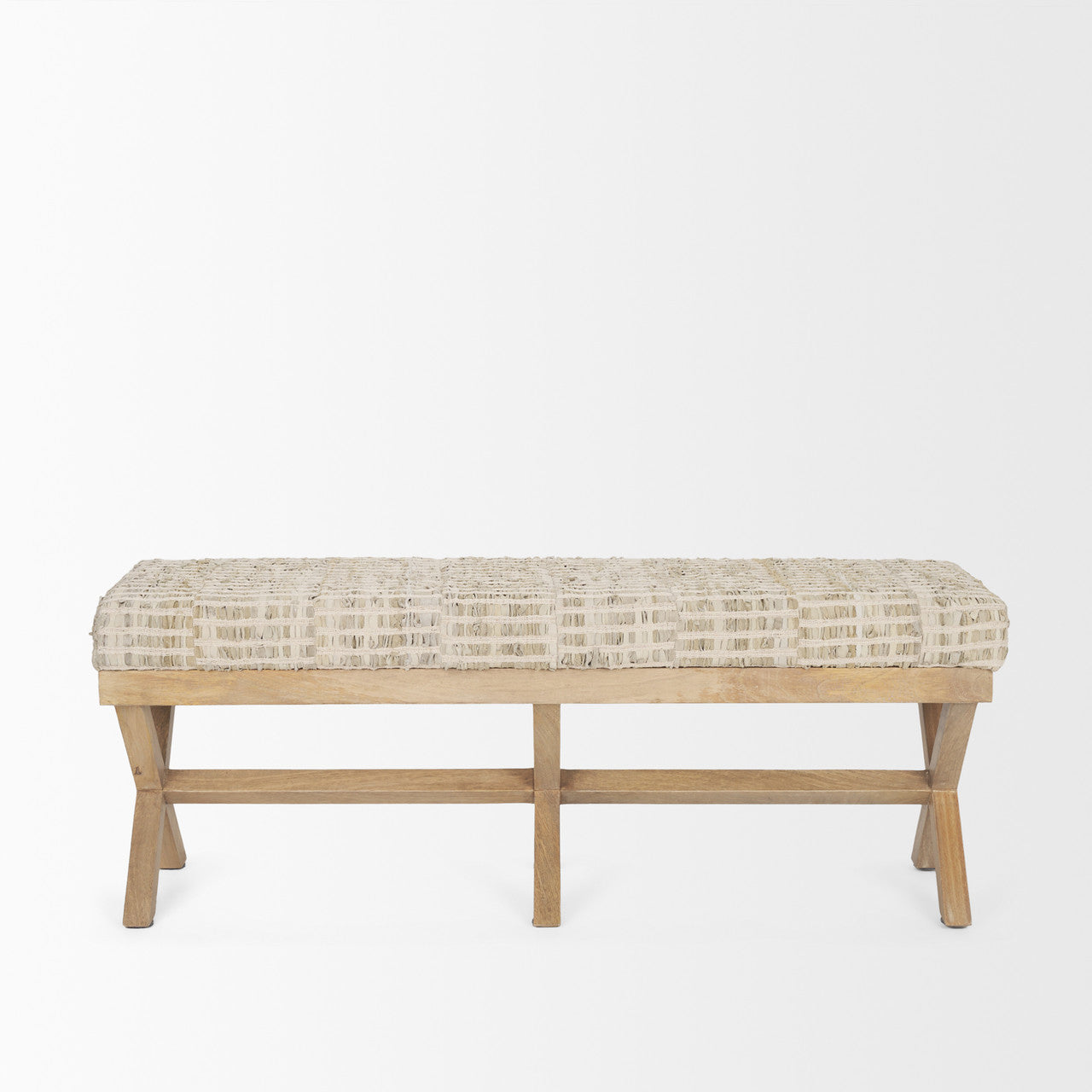 Solis II 50L x 16W Brown Base Beige Woven Leather Cushion Accent Bench