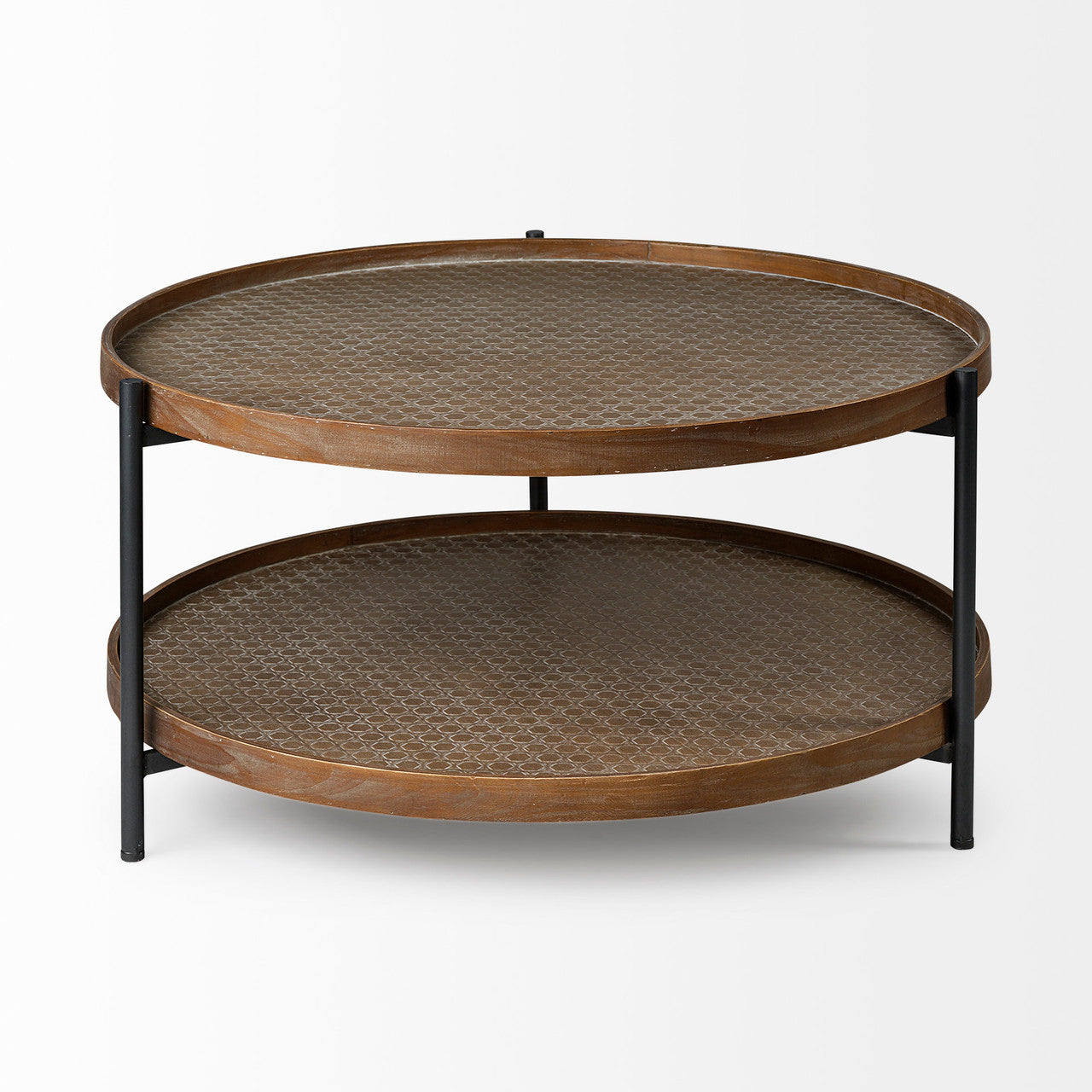 Kade 33" Round Brown Table Gray Metal Frame Two-Tier Coffee Table