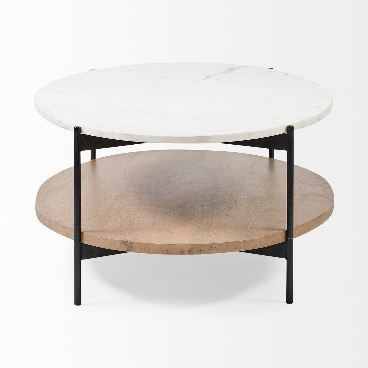 Larkin 48" Oval White Marble Top and Solid Wood Shelf w/ Black Metal Frame Coffee Table