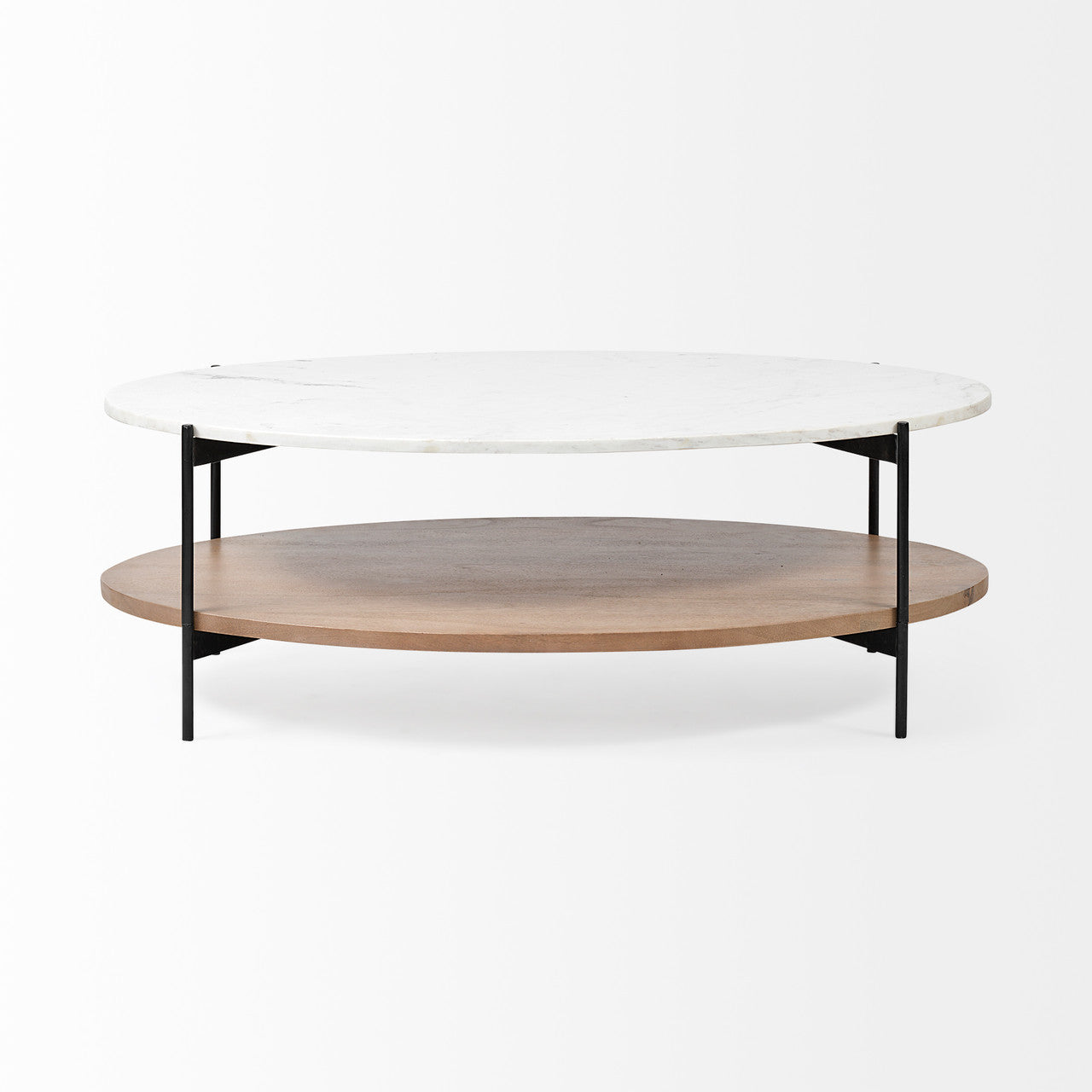Larkin 48" Oval White Marble Top and Solid Wood Shelf w/ Black Metal Frame Coffee Table