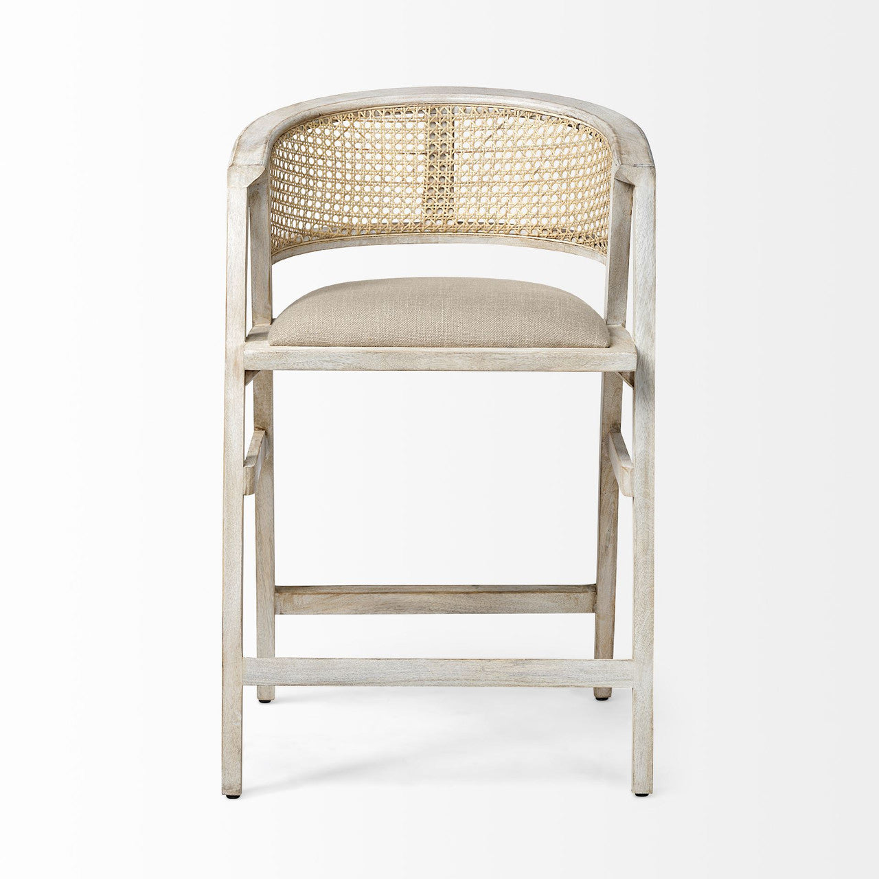 Tabitha 26.75" Seat Height Beige Fabric/Rattan Seat Blonde Wood Frame Counter Stool