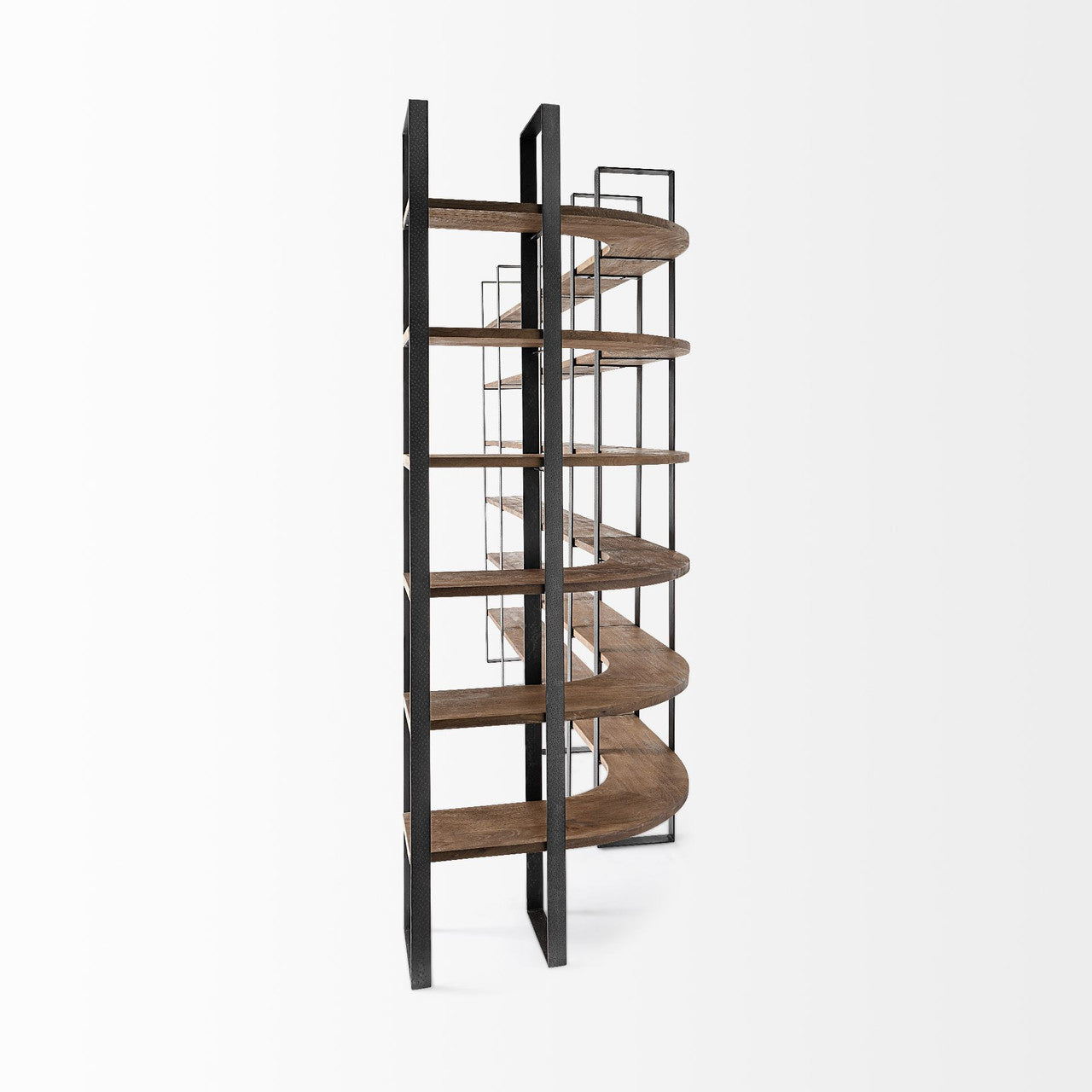 Turner II 37L x 10.5W x 90H Curved Dark Brown Wood And Black Iron Six Shelving Unit