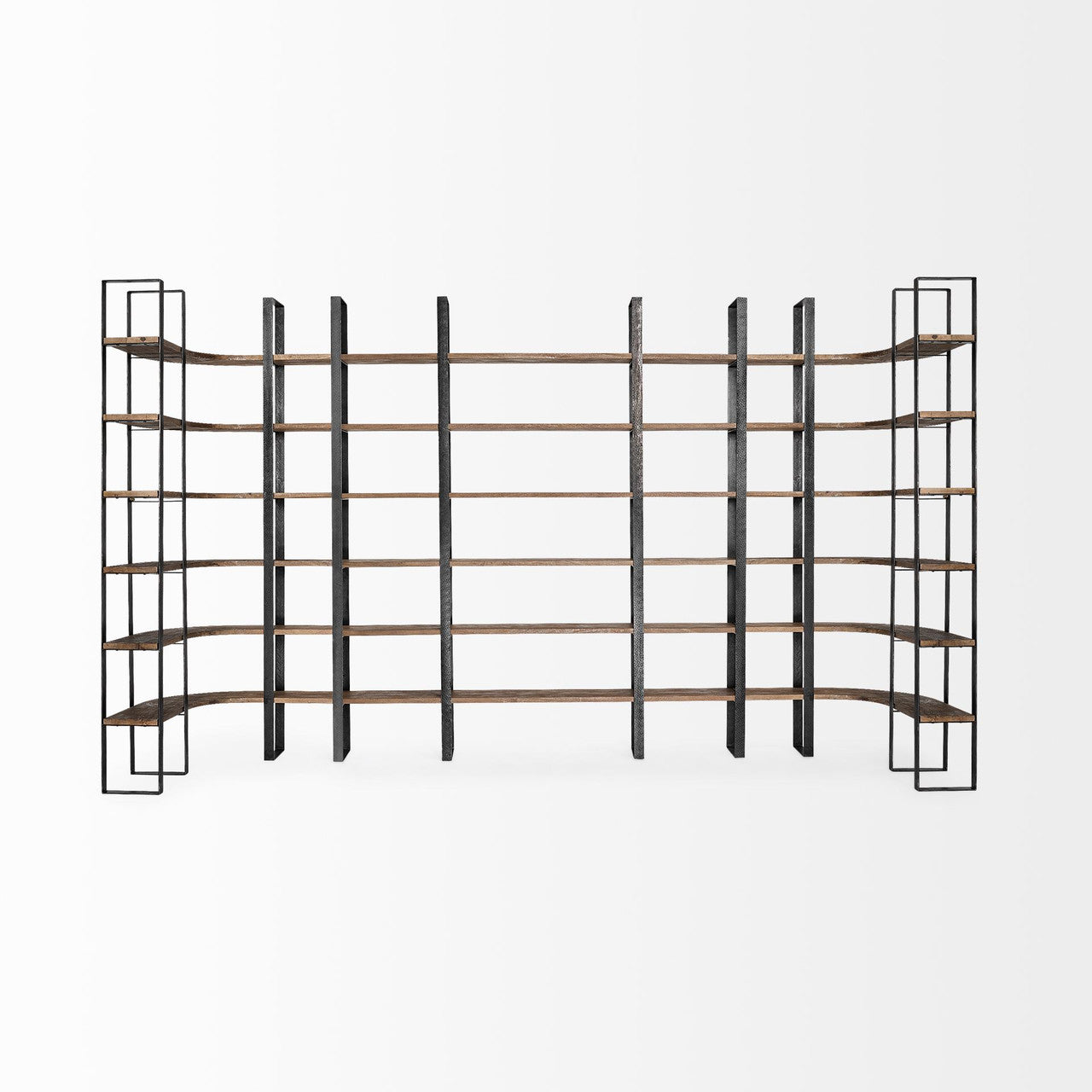 Turner II 37L x 10.5W x 90H Curved Dark Brown Wood And Black Iron Six Shelving Unit