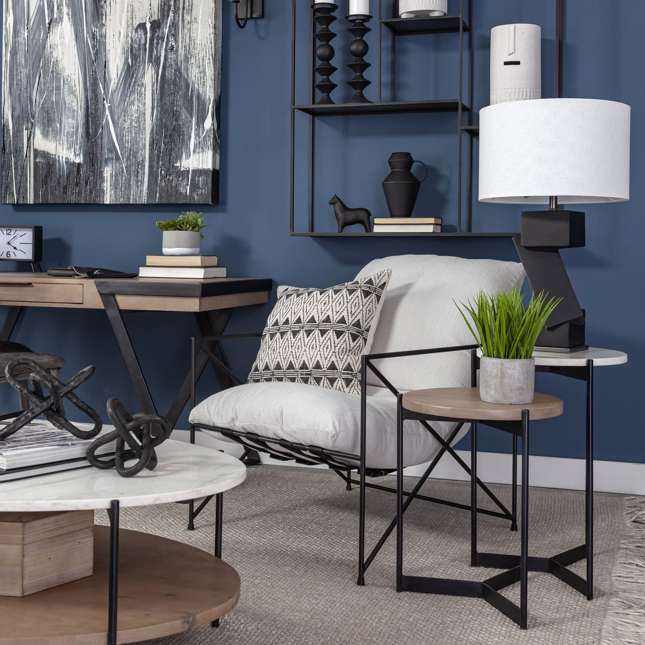 Larkin II Marble and Medium Brown Wood Round Tabletop Nesting End/Side Tables