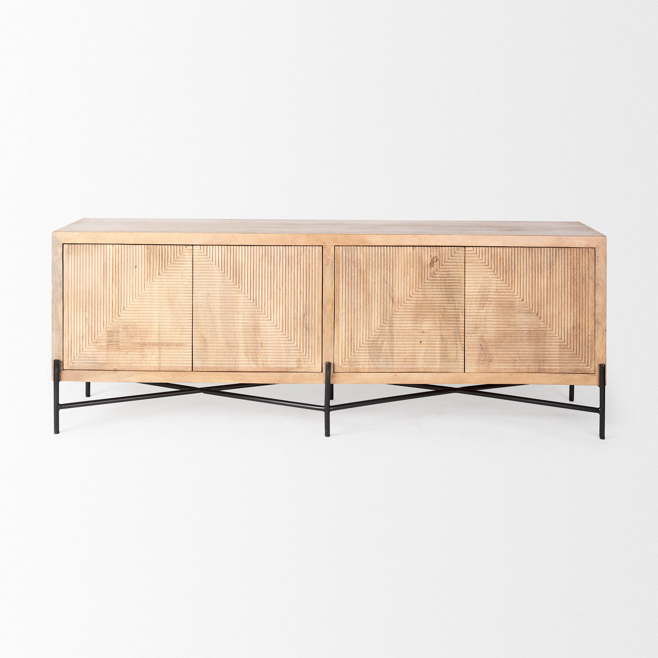 Cairo 78x19 Brown Solid Wood Black Metal Base 4 Door Cabinet Sideboard