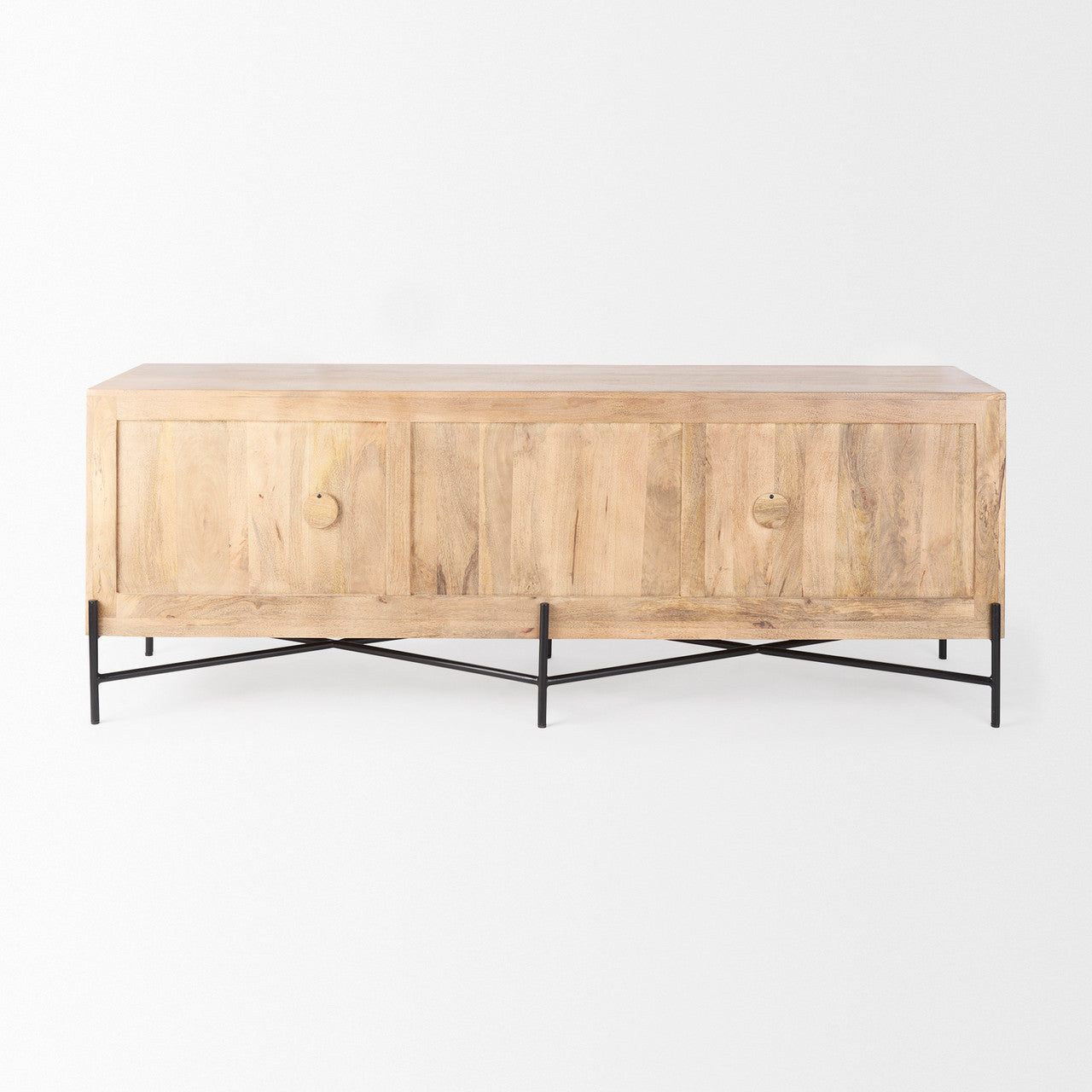 Cairo 78x19 Brown Solid Wood Black Metal Base 4 Door Cabinet Sideboard