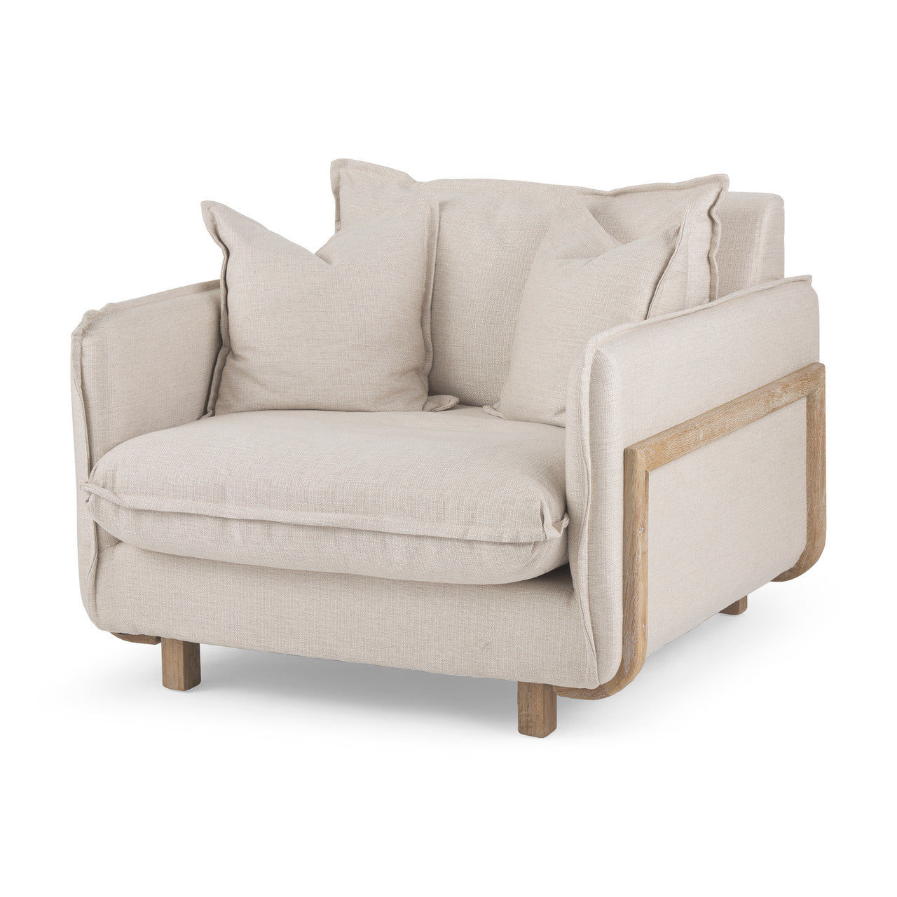 Roy II Beige Upholstered and Brown Wood Frame Arm Chair