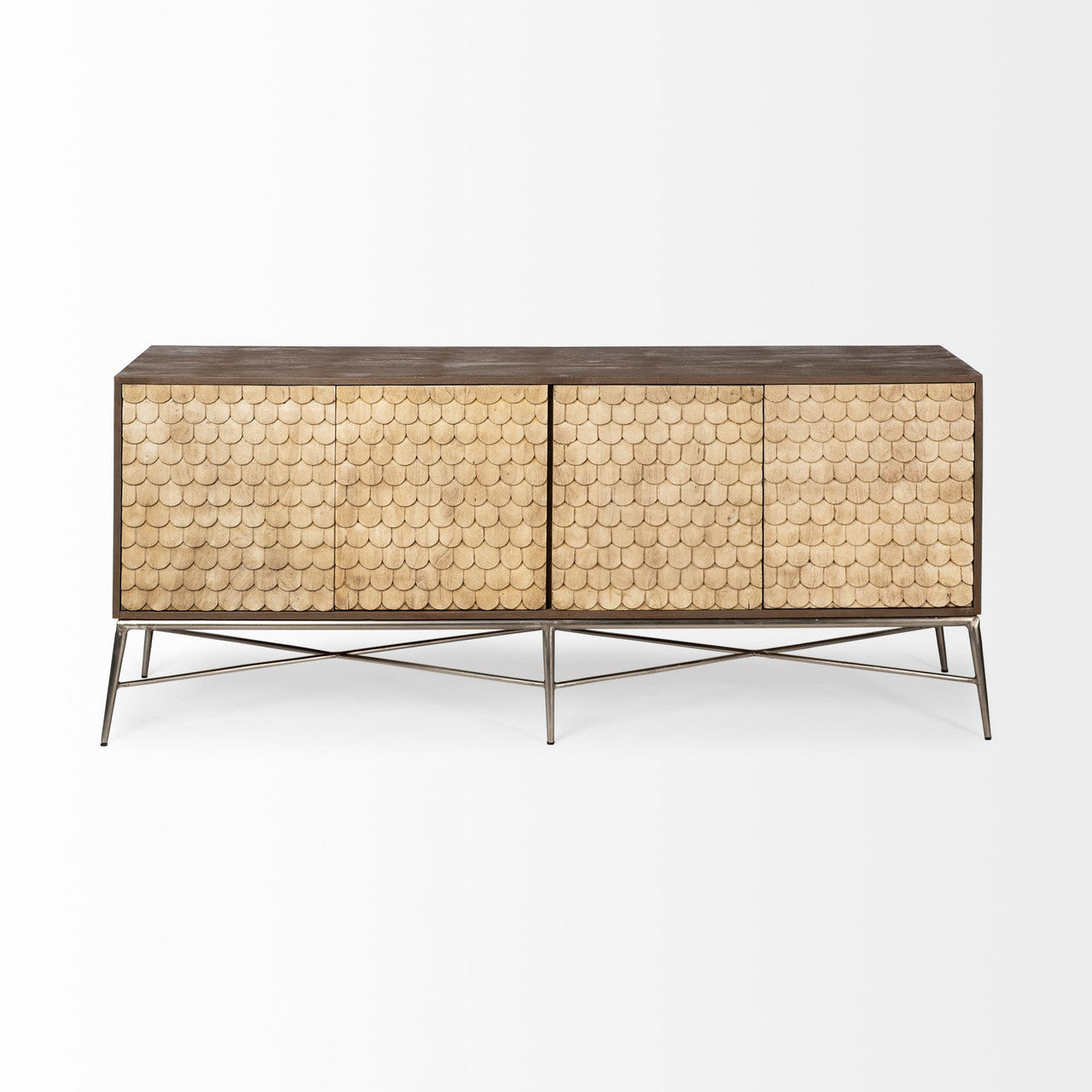 Swordfish 72L x 19W  x 30.25H Two-Tone Brown Wood Cabinet Silver Metal Base 4 Cabinet Door Sideboard