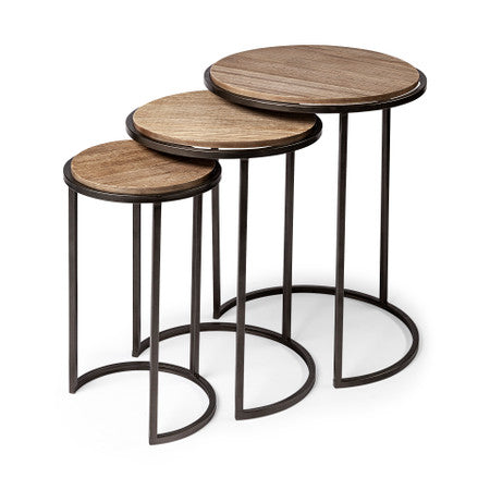 Glover Brown Wood Round Top W/Metal Nesting Accent Tables