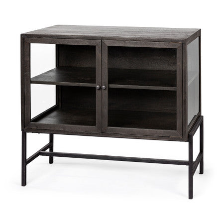 Arelius Black-Brown Wood, Black Metal Base Glass Doors Accent Cabinet