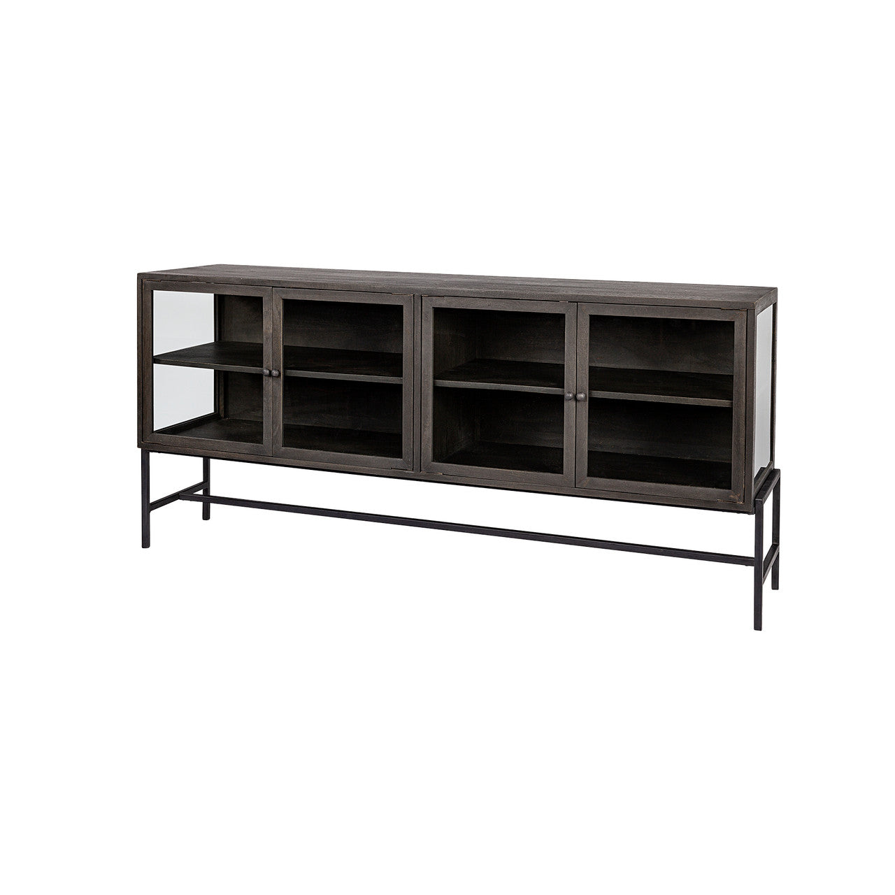 Arelius 70x18 Black-Brown Wood, Black Metal Base w/ 4 Glass Cabinet Doors Sideboard