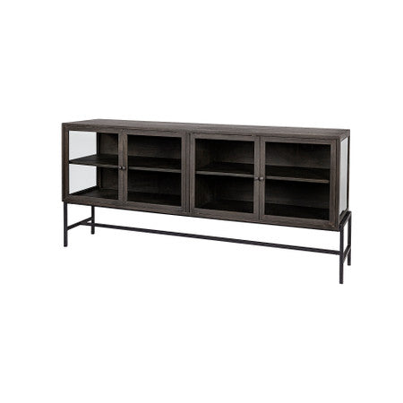 Arelius Black-Brown Wood, Black Metal Base Glass Cabinet Doors Sideboard