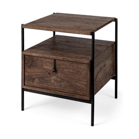 Glenn Dark Brown Wood Black Iron Frame Square End/Side Table