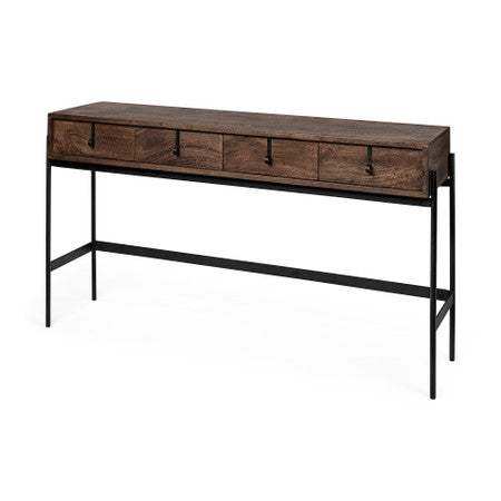 Glenn Dark Brown Wood w/ Black Iron Frame, 4 Drawer Console Table