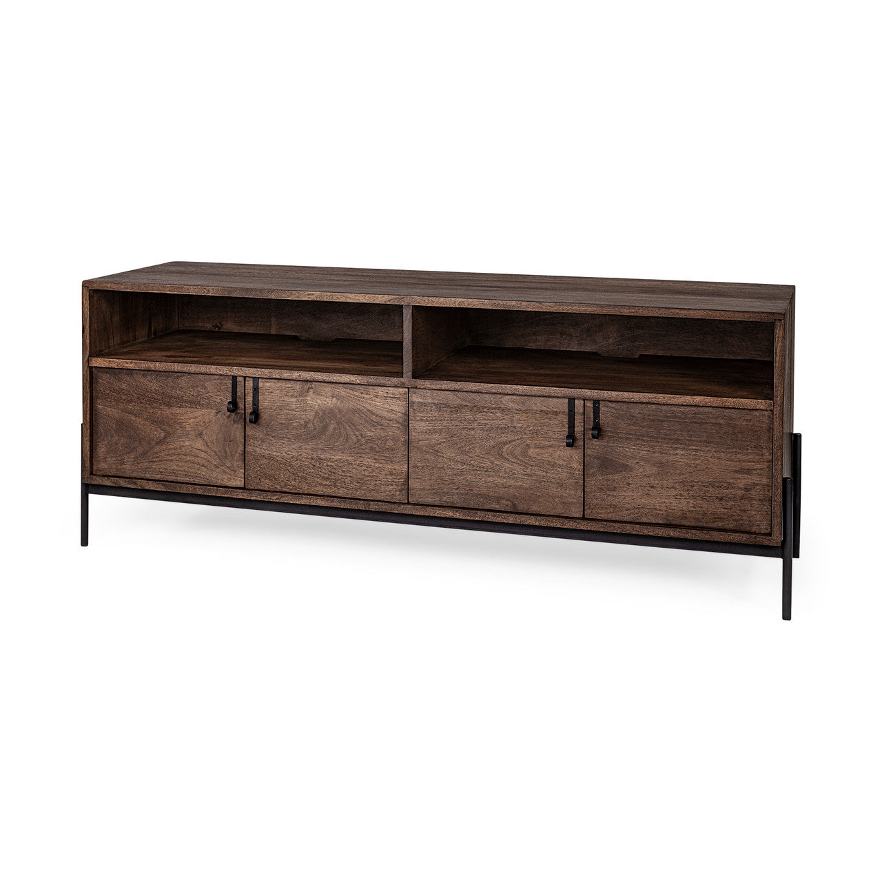 Glenn IV Dark Brown Wood w/ Black Iron Frame Media Console w/ Storage, TV Stand for TV up to 71"