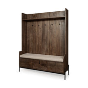 Glenn V 56L x 17W Dark Brown Wood w/ Cream Fabric Seat, 3 Drawers Hall Tree