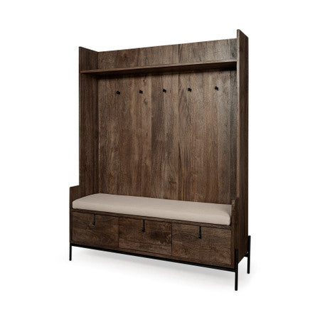 Glenn Dark Brown Wood Cream Fabric Seat, Drawers Hall Tree