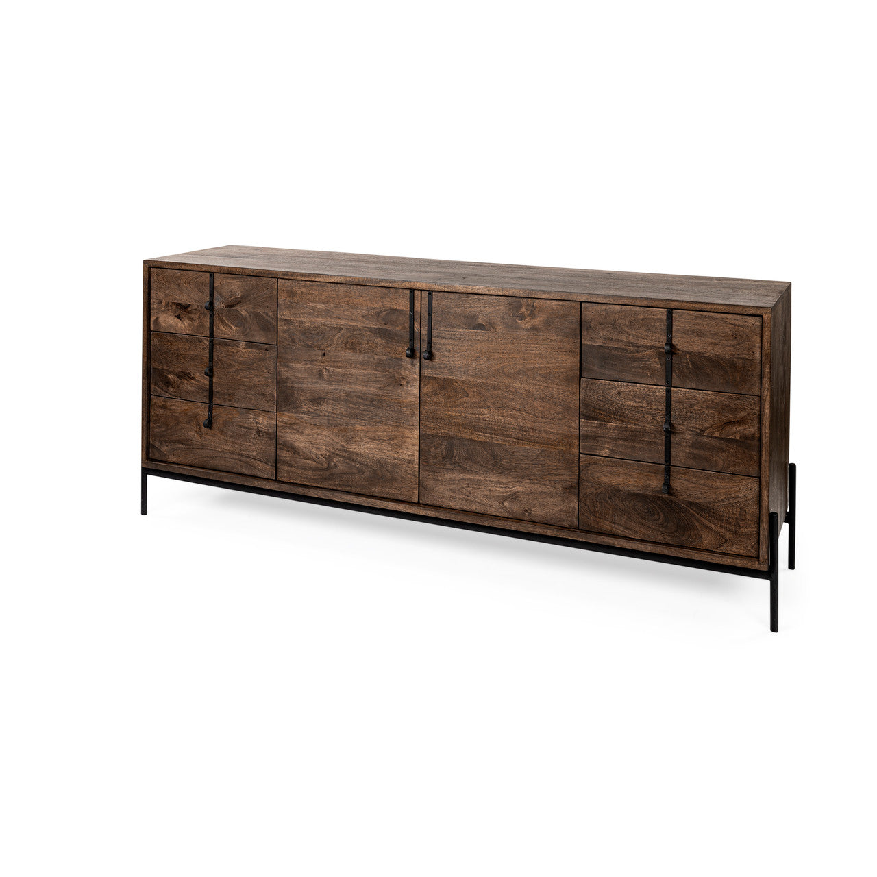 Glenn VI 71.5x18 Dark Brown Wood Frame w/ Black Iron Accent, 6 Drawer, 2 Door Cabinet Sideboard