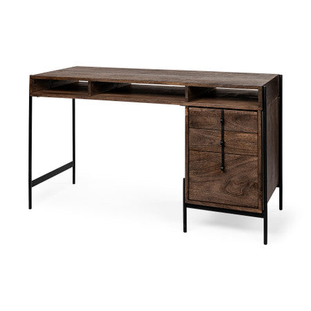 Glenn Dark Brown Wood Black Iron Frame, 3 Drawer Office Desk
