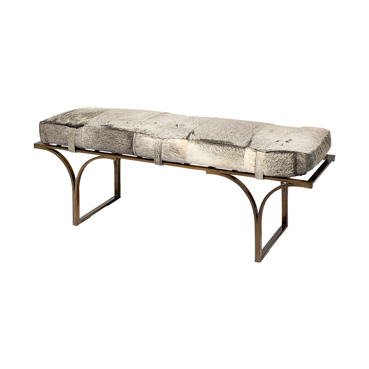 Jessie 55L x 16W White/Gray Hair-On-Hide Seat W/Gold Metal Base Accent Bench