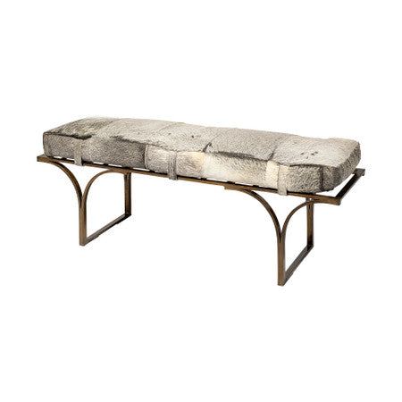 Jessie White/Gray Hair-On-Hide Seat W/Gold Metal Base Accent Bench