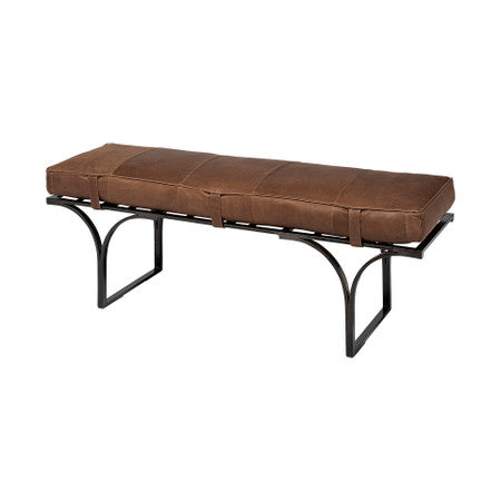 Jessie Brown Leather Seat W/Black Metal Base Accent Bench