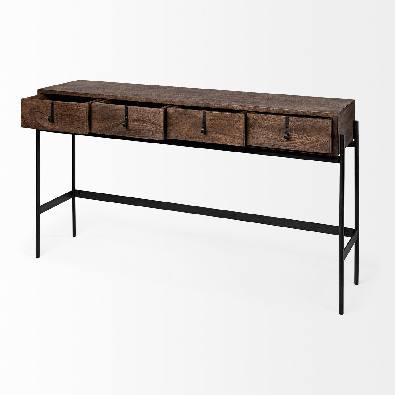 Glenn III 56L x 14W Dark Brown Wood w/ Black Iron Frame, 4 Drawer Console Table