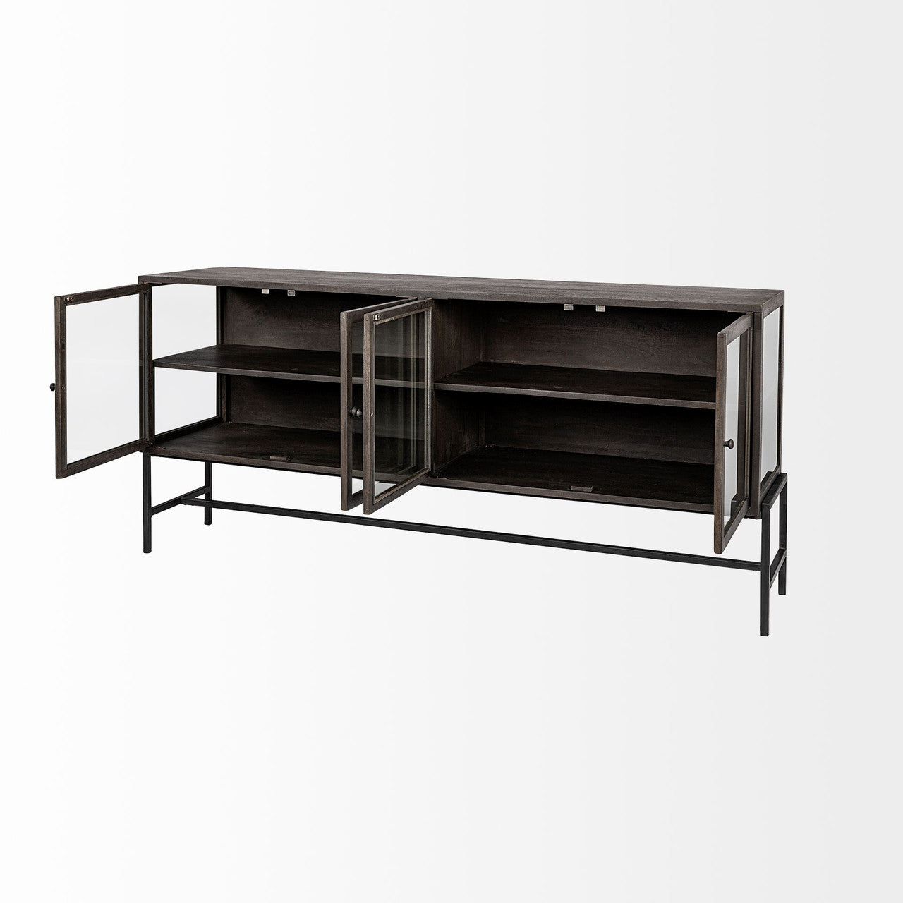 Arelius 70x18 Black-Brown Wood, Black Metal Base w/ 4 Glass Cabinet Doors Sideboard