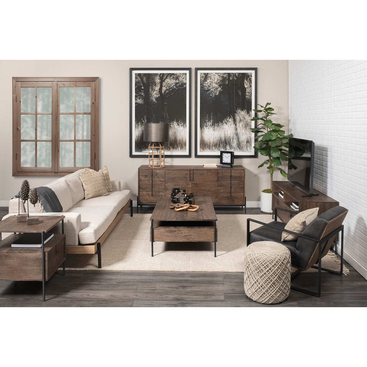 Glenn VI 71.5x18 Dark Brown Wood Frame w/ Black Iron Accent, 6 Drawer, 2 Door Cabinet Sideboard