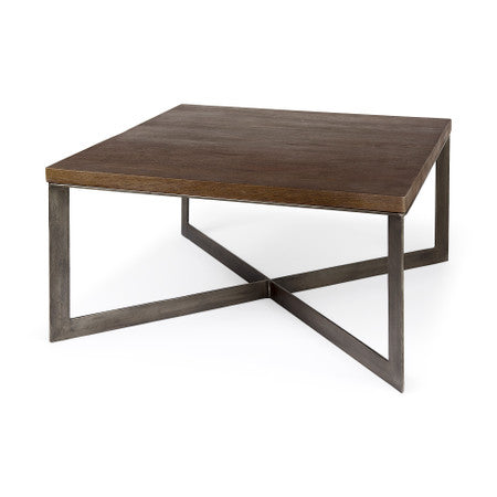 Faye Medium Brown Wood W/Antique Nickel Metal Base Square Coffee Table
