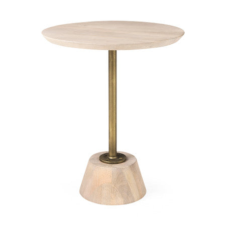 Maxwell Round Light Brown Wood w/ Gold Metal Pedestal Side Table