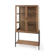 Arelius 36L x 18W x 63H Light Brown Wood W/ Black Metal Base Display Cabinet