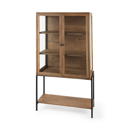 Arelius Light Brown Wood W/ Black Metal Base Display Cabinet