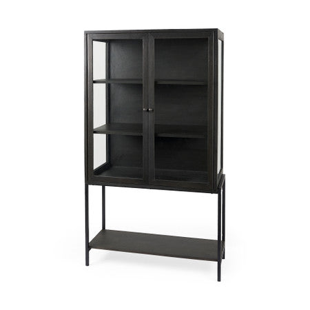 Arelius Black-Brown Wood W/ Black Metal Base Display Cabinet