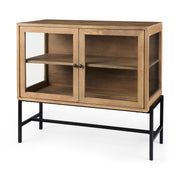 Arelius 36L x 18W x 32H Light Brown Wood, Black Metal Base w/ 2 Glass Doors Accent Cabinet
