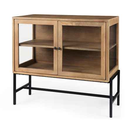 Arelius Light Brown Wood, Black Metal Base w/ 2 Glass Doors Accent Cabinet