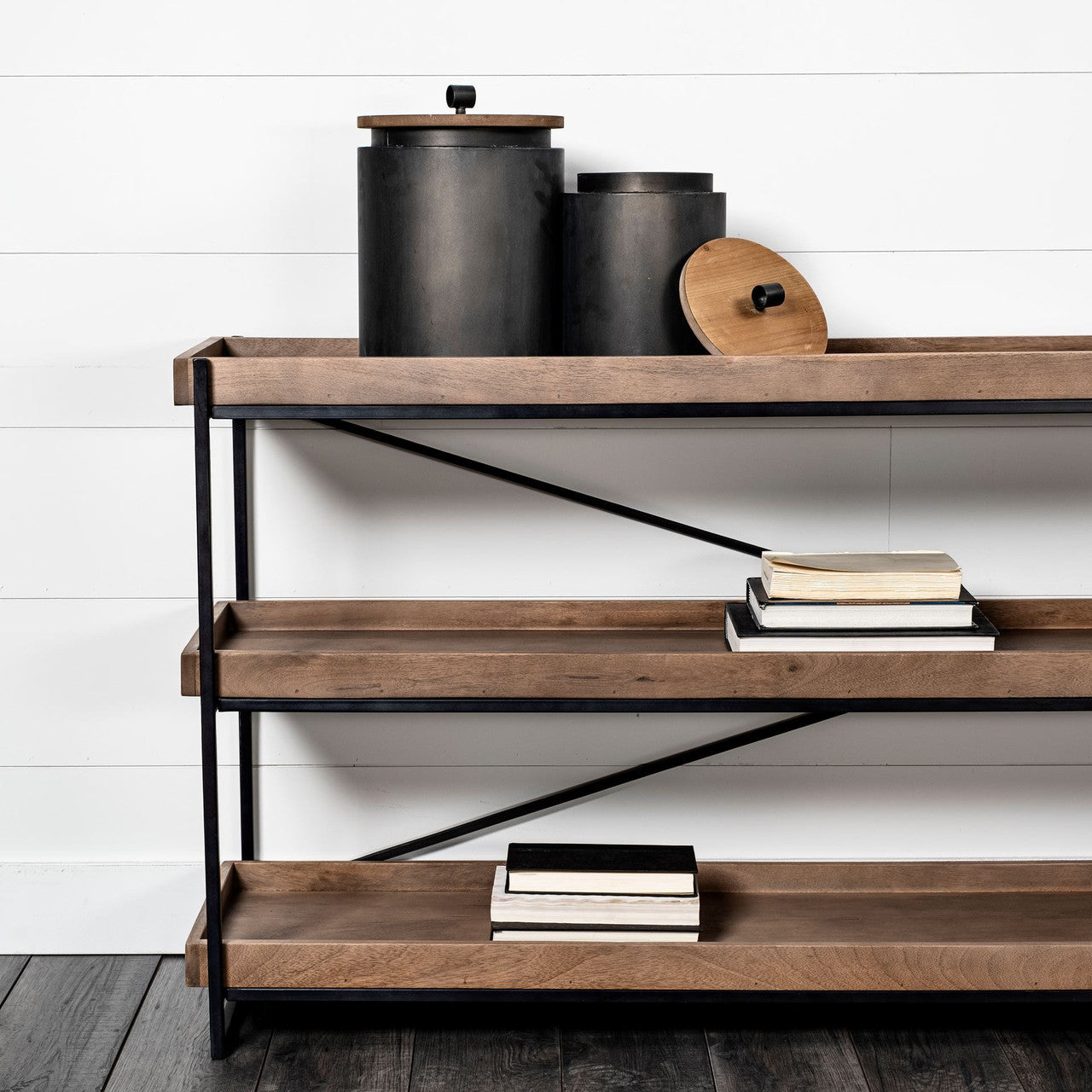 Trey I 80L x 16W Brown Wood and Black Iron Console Table