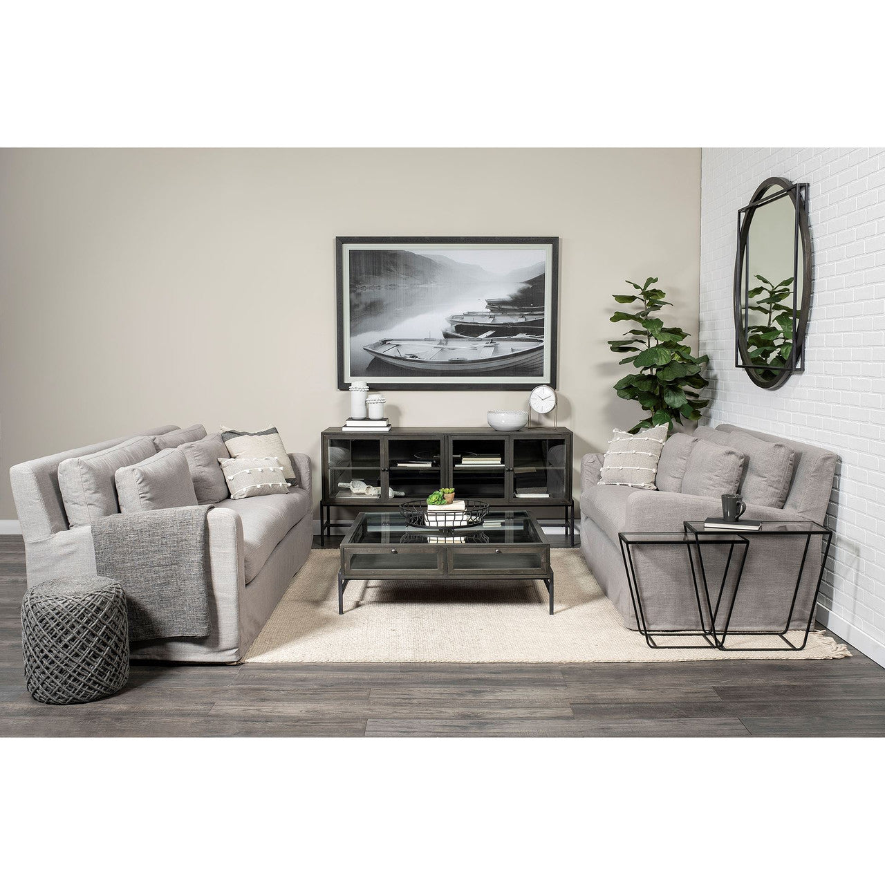Arelius 70x18 Black-Brown Wood, Black Metal Base w/ 4 Glass Cabinet Doors Sideboard