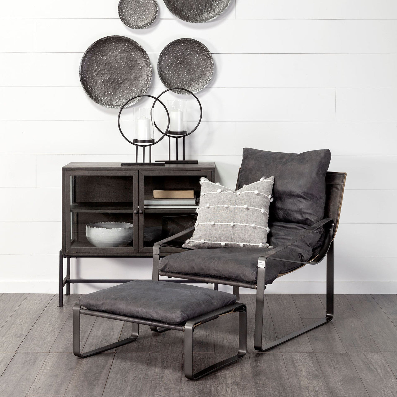 Arelius  36L x 18W Black-Brown Wood, Black Metal Base w/ 2 Glass Doors Accent Cabinet