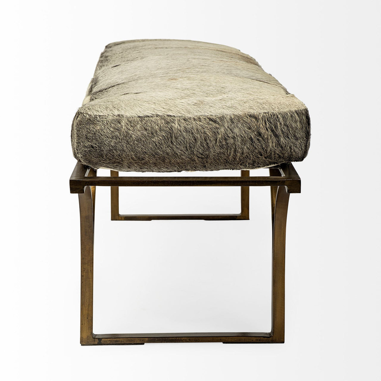Jessie 55L x 16W White/Gray Hair-On-Hide Seat W/Gold Metal Base Accent Bench