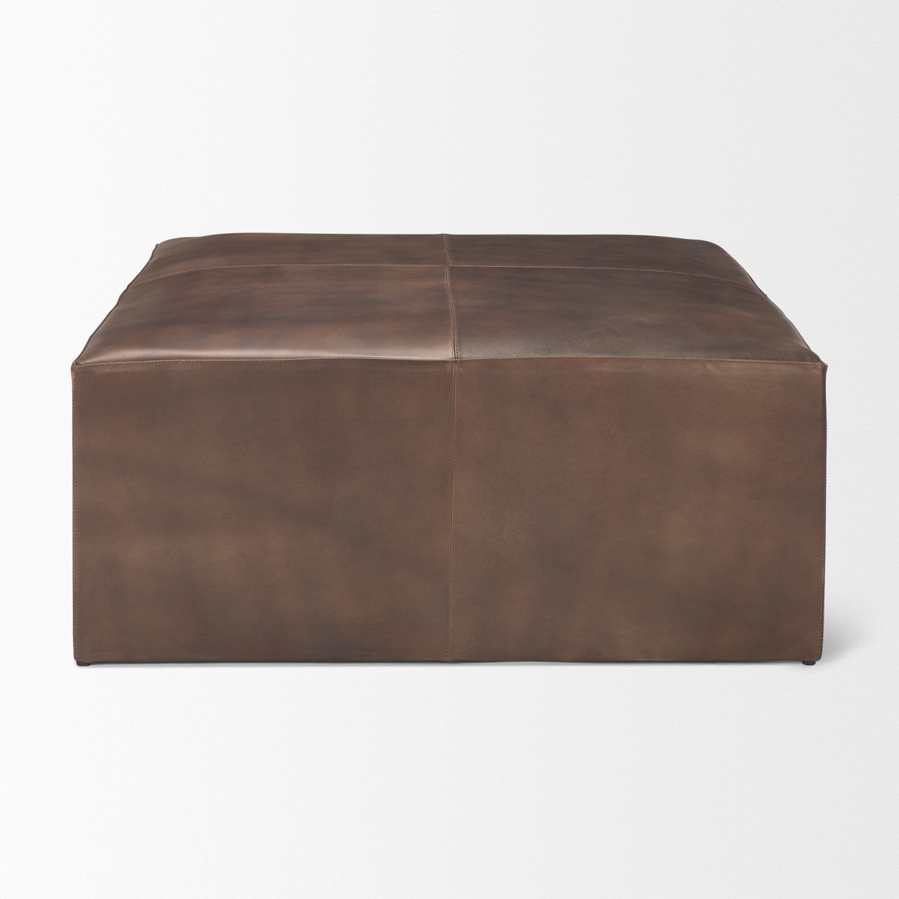 Minara 36" Square Brown Leather Wrapped w/Wood Base Ottoman