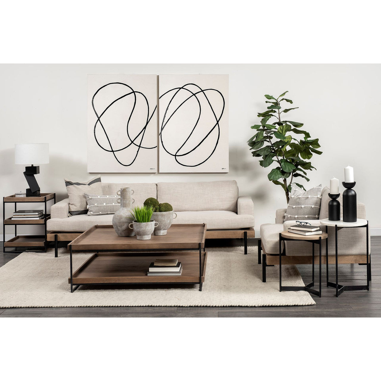 Larkin II Marble and Medium Brown Wood Round Tabletop Nesting End/Side Tables