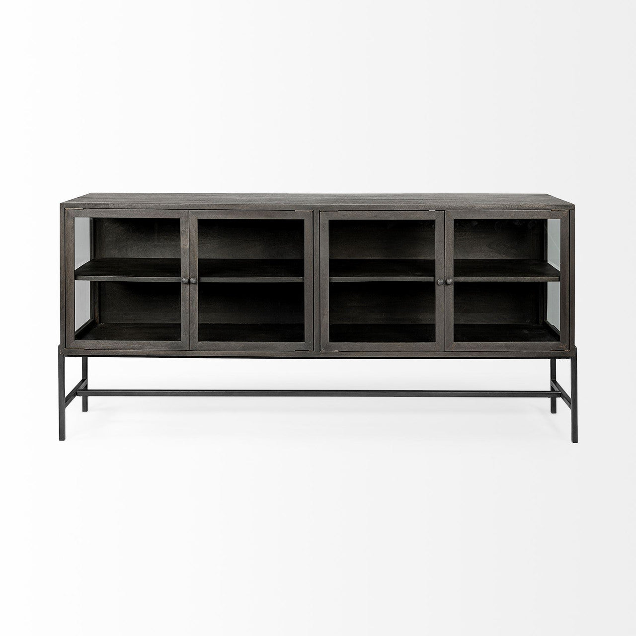 Arelius 70x18 Black-Brown Wood, Black Metal Base w/ 4 Glass Cabinet Doors Sideboard