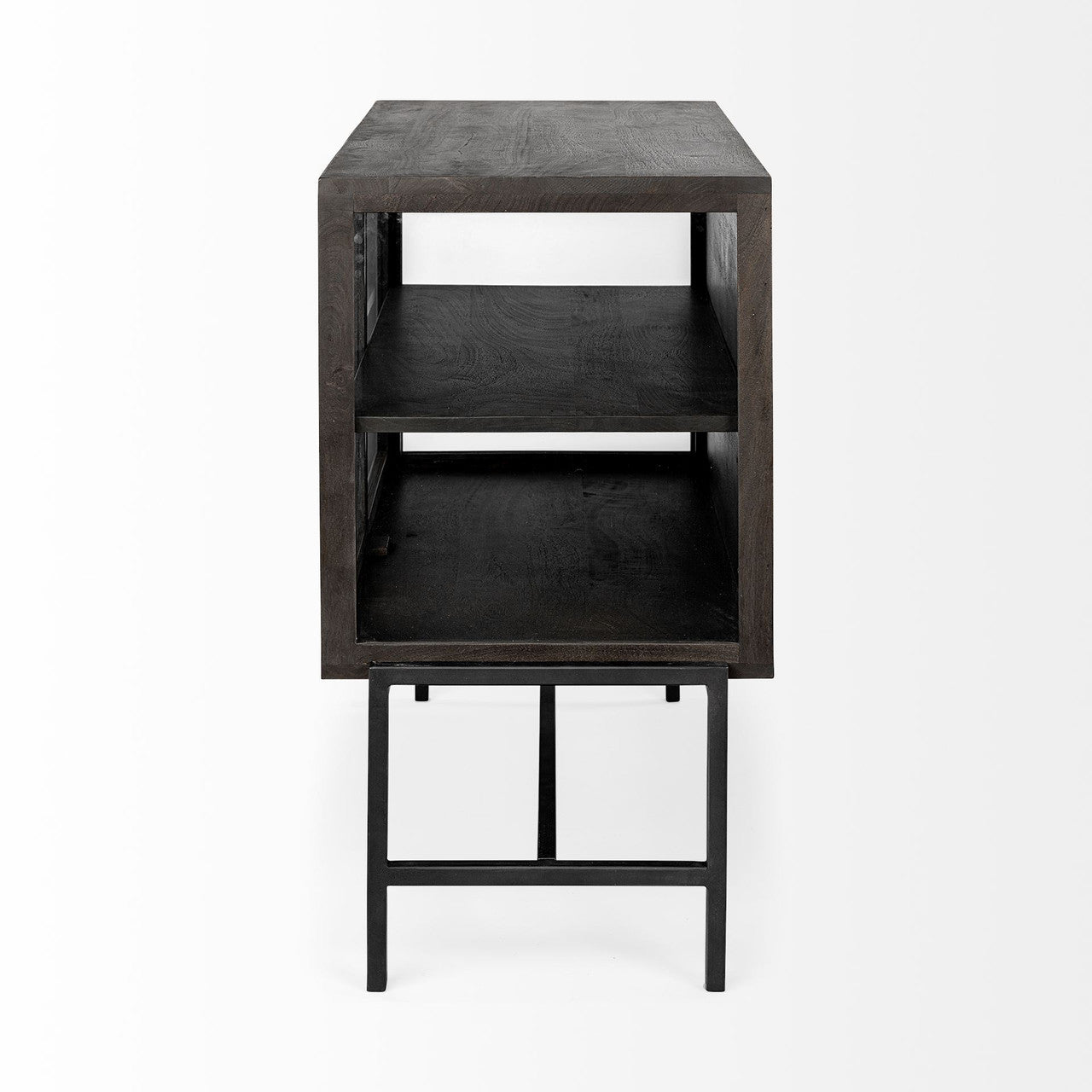 Arelius  36L x 18W Black-Brown Wood, Black Metal Base w/ 2 Glass Doors Accent Cabinet