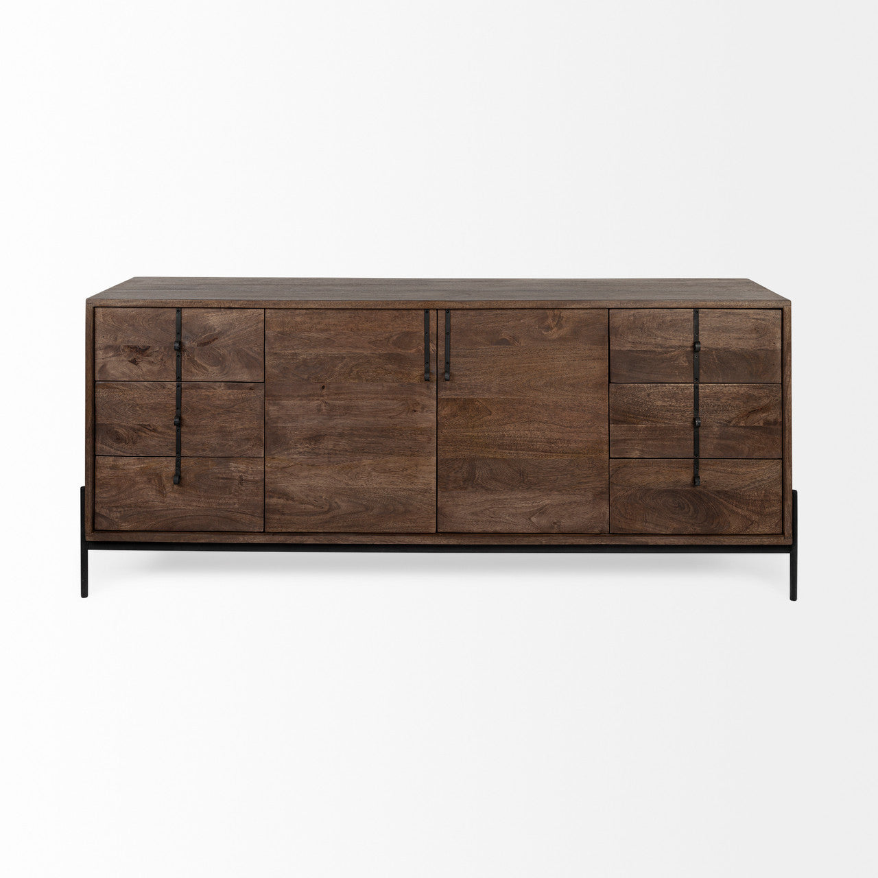 Glenn VI 71.5x18 Dark Brown Wood Frame w/ Black Iron Accent, 6 Drawer, 2 Door Cabinet Sideboard