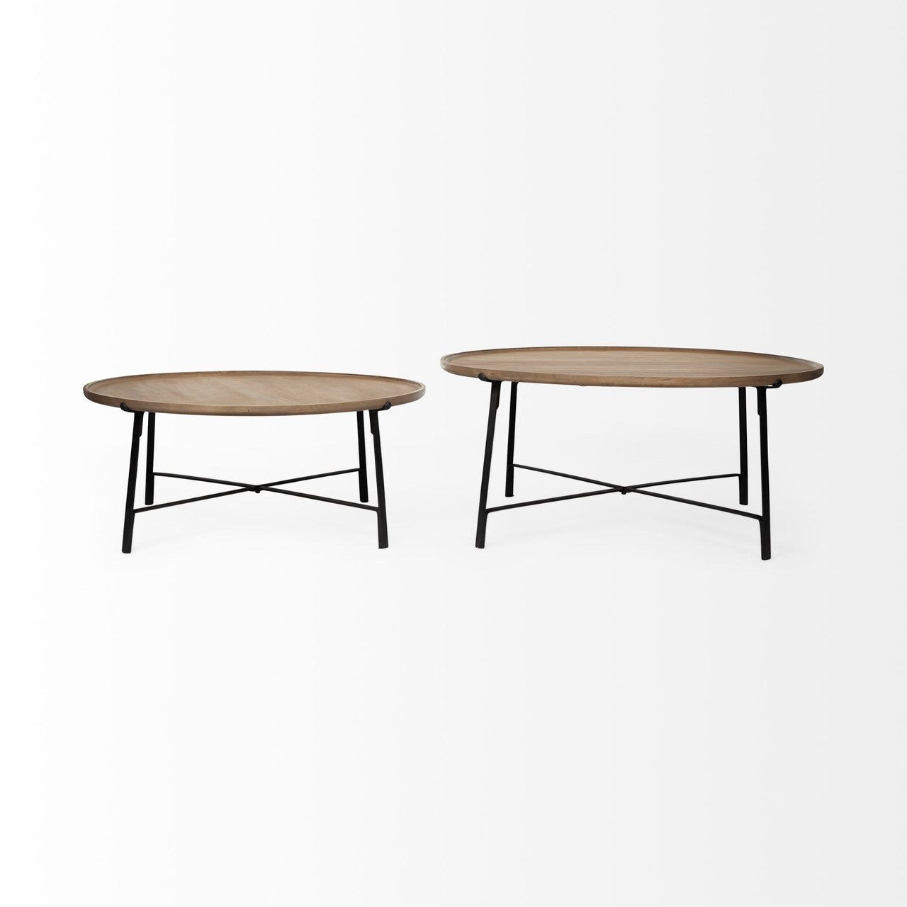 Helios (Set of 2) Brown Solid Wood Top Black Metal Base Nesting Coffee Tables