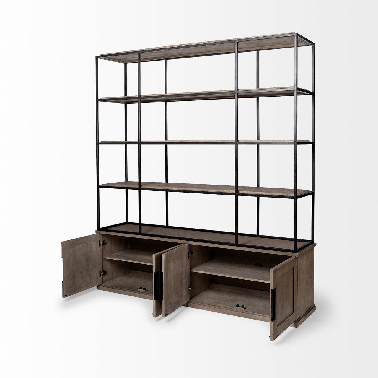 Braxton I Light Brown Wood and Iron Three Shelf Shelving Unit 81.5L x 18.5W x 90