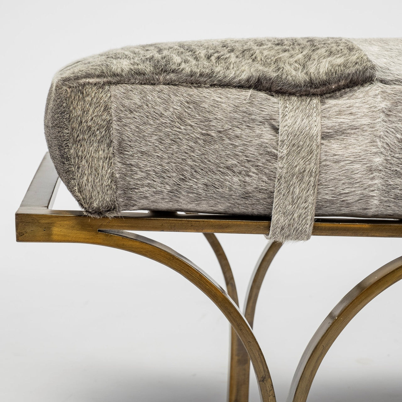 Jessie 55L x 16W White/Gray Hair-On-Hide Seat W/Gold Metal Base Accent Bench